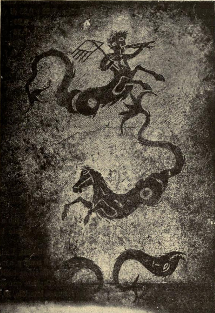 Pompeii, Villa rustica nel Fondo di Antonio Prisco.
Room 11. Calidarium. Black and white mosaic floor with sea centaur, sea horse and two dolphins.
See Notizie degli Scavi di Antichità, 1921, p. 419, fig. 3.
According to Fabbricotti, these are a marine centaur, marine bull and two fishes.
See Fabbricotti E., 1976. Cronache Pompeiane II, pp. 43-44.