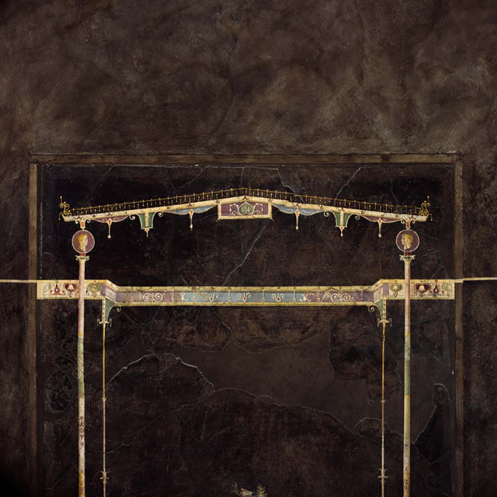 Villa of Agrippa Postumus Boscotrecase. Black room. Detail of aedicula in centre of north wall, with small landscape.
© Metropolitan Museum New York. Rogers Fund, 1920. Inventory number 20.192.1.
