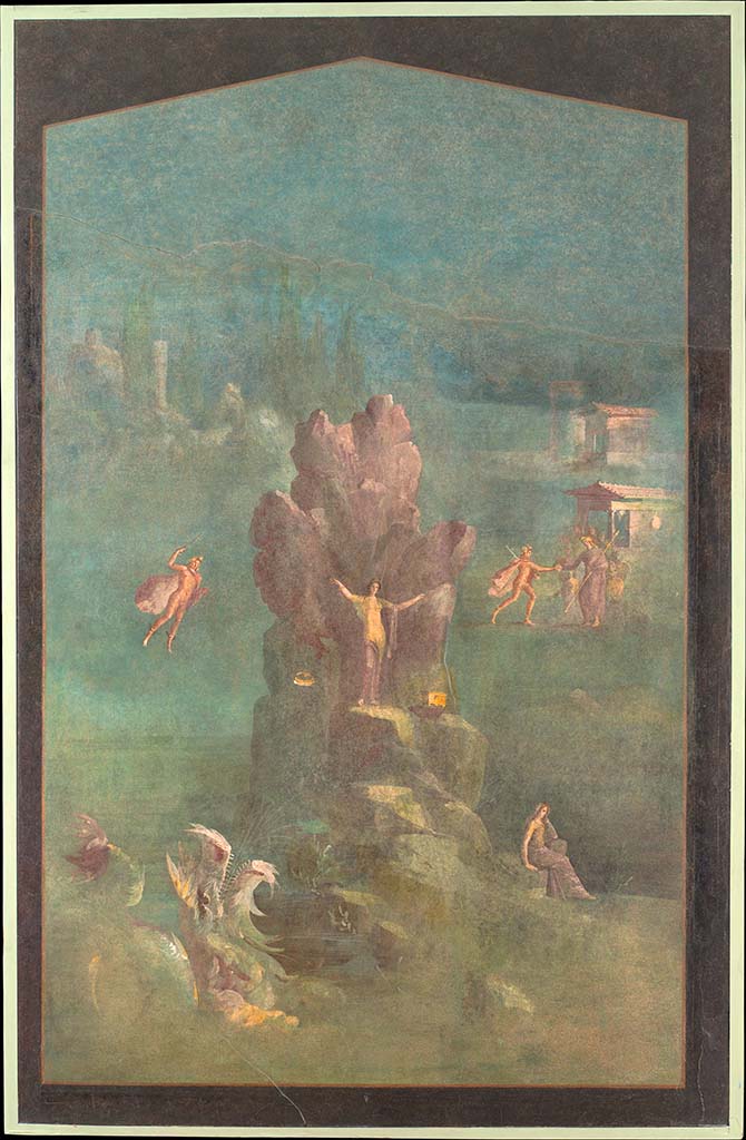 Villa of Agrippa Postumus Boscotrecase. Room 19, cubiculum.
Wall painting of Perseus and Andromeda.
© Metropolitan Museum New York. Rogers Fund, 1920. Inventory number 20.192.16.
The fresco depicts two consecutive events from the myth of Perseus and Andromeda.
Perseus is about to rescue Andromeda from the sea monster, painted in a brilliant blue-green colour, who raises his head with open jaw towards Andromeda.
Andromeda stands with outstretched arms in the middle of the painting, one hand appears to be chained to the crag; the other elegantly placed on the rocks.
Perseus flies in from the left with his lyre in one hand, winged shoes on his feet, and cloak over his shoulder.
In the upper right part of the fresco, he is greeted by Andromeda’s father Cepheus, a scene that alludes to the myth’s happy ending – the marriage of hero and princess.