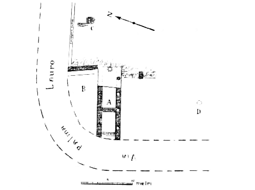 Domicella. Villa rustica romana. 1929 NdS plan of Villa rustica at Domicella, Nola.

A= Piscina. Pool.
B= Cella Vinaria. Wine cellar.
C= Further remains to the rear
D= Further piscina/pool remains to the south

See Notizie degli Scavi di Antichit�, 1929, p.200, fig 1.

