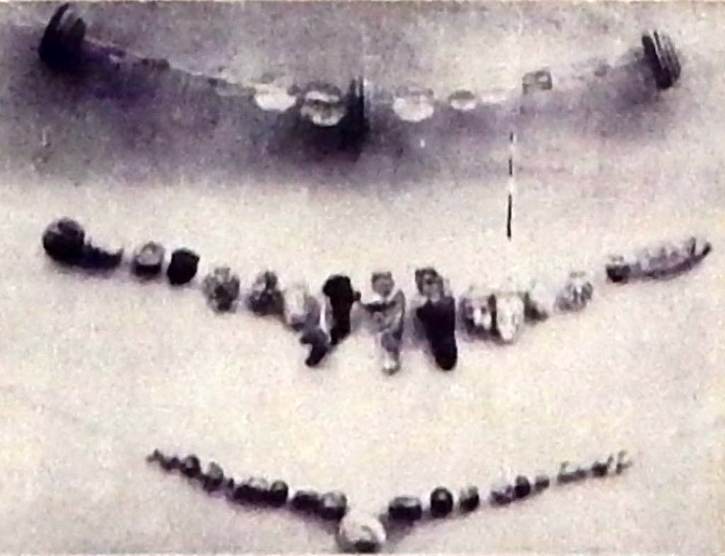 Villa Rustica di Marcus Livius Marcellus. 1928 photo of necklaces found. Photo courtesy of Buzz Ferebee.
Top: Twelve pieces of rock crystal, simply faceted.
Centre: Twelve green pieces, five pieces like bunches of grapes, two herms (Silenus? and Harpocrates) in glass paste.
Bottom: Twenty small pieces in glass paste.
See Notizie degli Scavi di Antichit�, 1929, p. 183, fig. 5.
