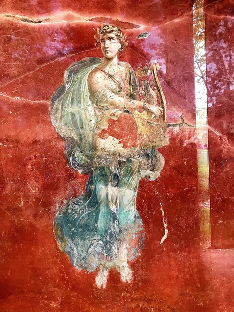 Complesso dei triclini in località Moregine a Pompei. December 2019.
Triclinium A, north wall, Apollo with cithara. Photo courtesy of Giuseppe Ciaramella.