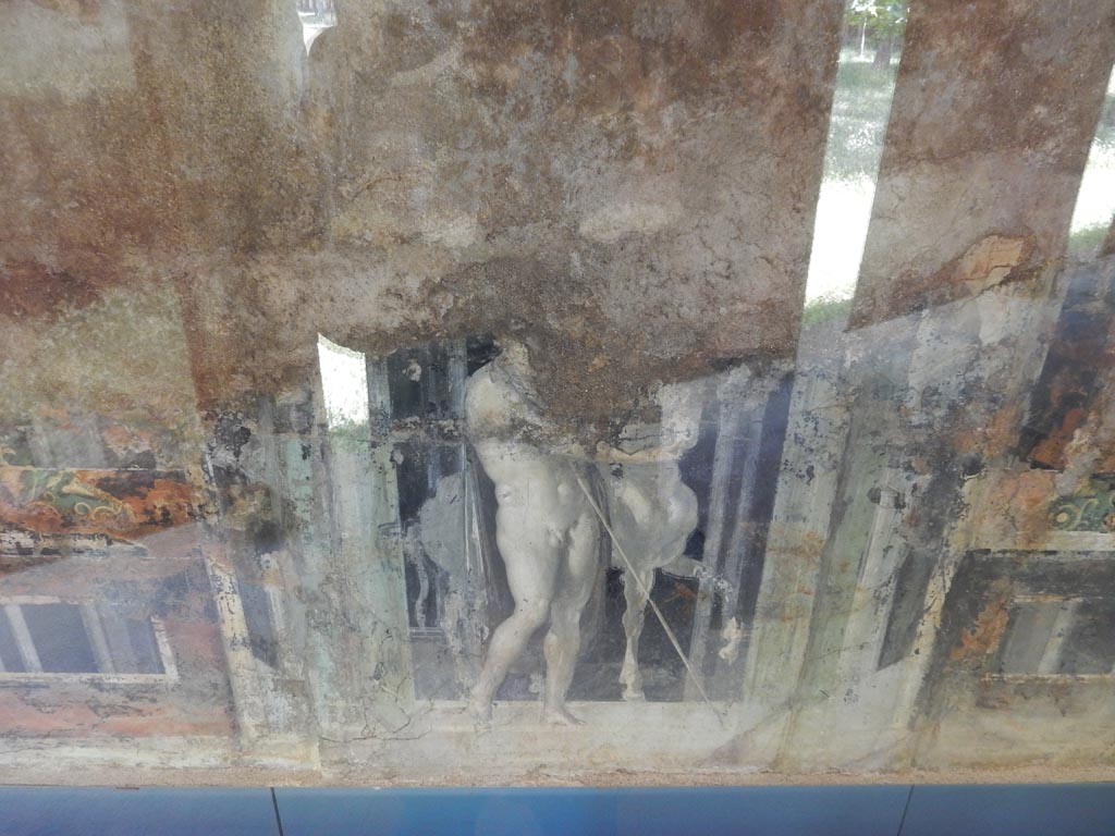 Complesso dei triclini in località Moregine a Pompei. May 2018. Triclinium B, west wall, painting of one of the Dioscuri on display in the Pompeii Palaestra.
Photo courtesy of Buzz Ferebee.