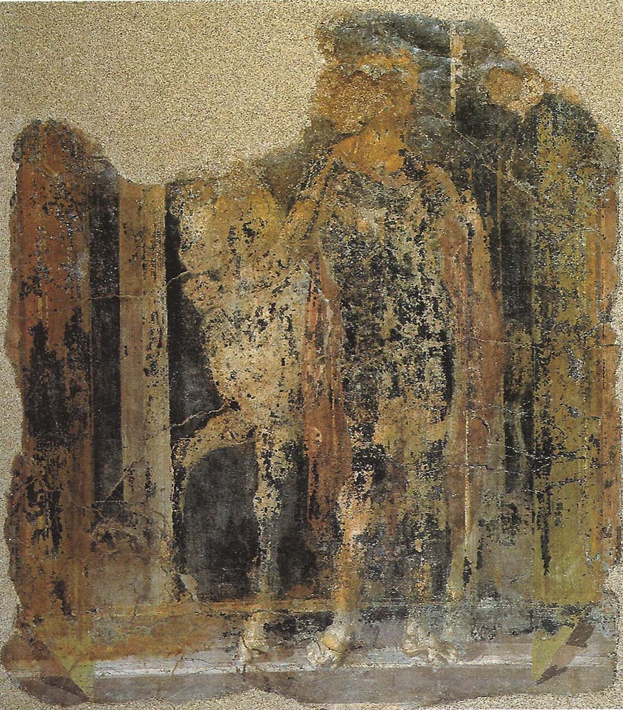 Complesso dei triclini in località Moregine a Pompei. Triclinium B, east wall, painting of the second of the Dioscuri.
The representation shows close similarities with that from the House of the Dioscuri in Pompeii.
See Guzzo, P., (A Cura di), 1997. Pompeii: Picta Fragmenta. Torino: Umberto Allemandi, p.142 no. 99.