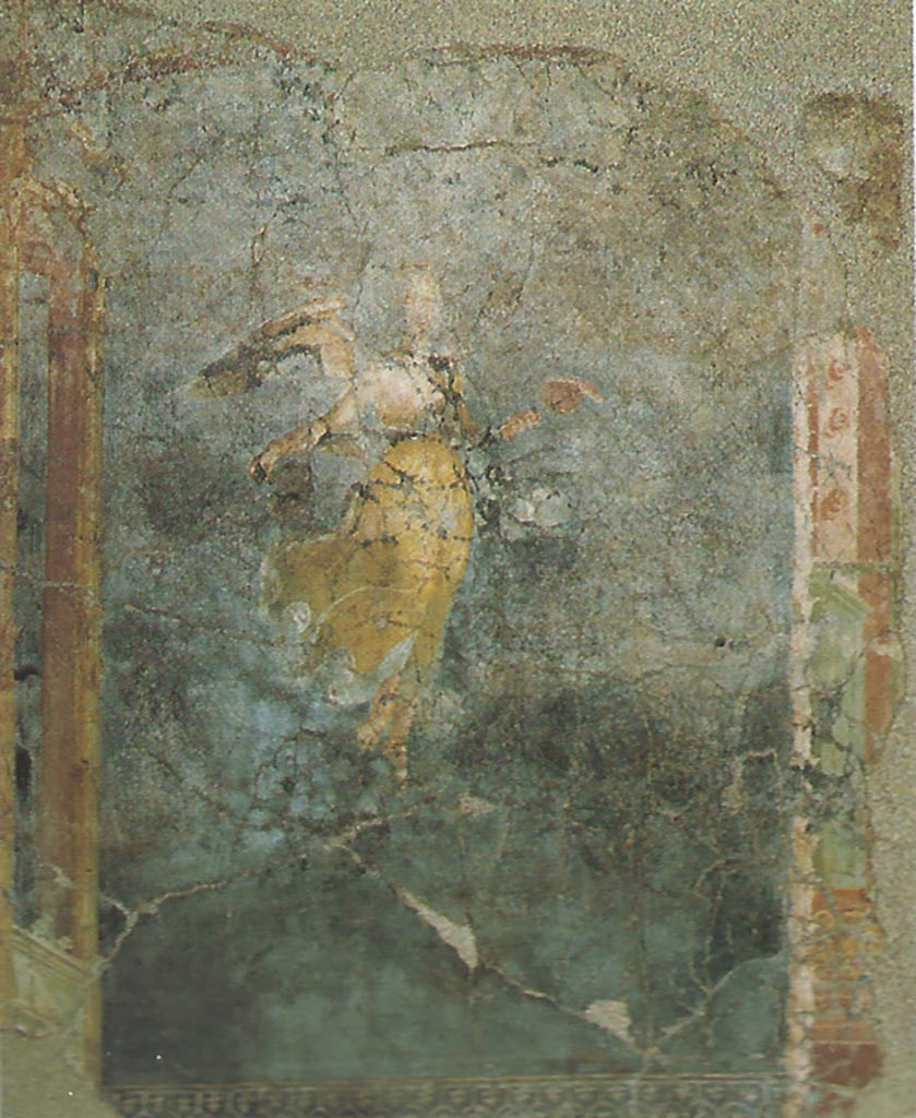 Complesso dei triclini in località Moregine a Pompei. Triclinium D.
Vittoria alata con ventaglio purpureo. Winged Victory with a purple fan.
PAP inventory number 25938.