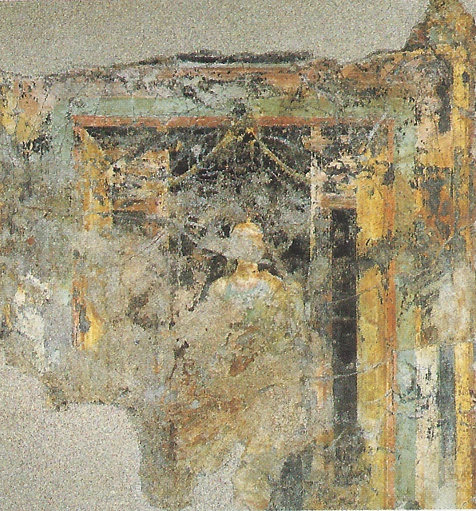 Complesso dei triclini in località Moregine a Pompei. Triclinium D.
Minerva con elmo dorato ornato di piume rosso seduta su di un alto trono.
Minerva with golden helmet adorned with red feathers sitting on a high throne.
PAP inventory number 25939.