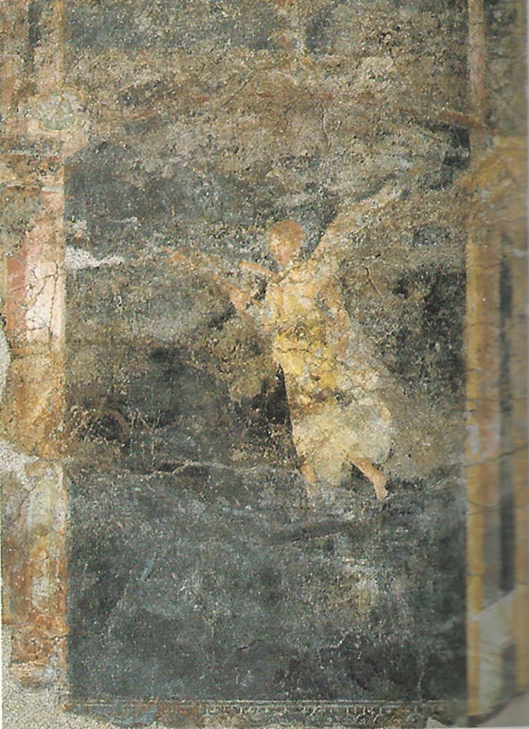 Complesso dei triclini in località Moregine a Pompei. Triclinium D.
Vittoria alata che regge un tirso nella mano destra. Winged Victory holding a thyrsus in the right hand.
PAP inventory number 25944.