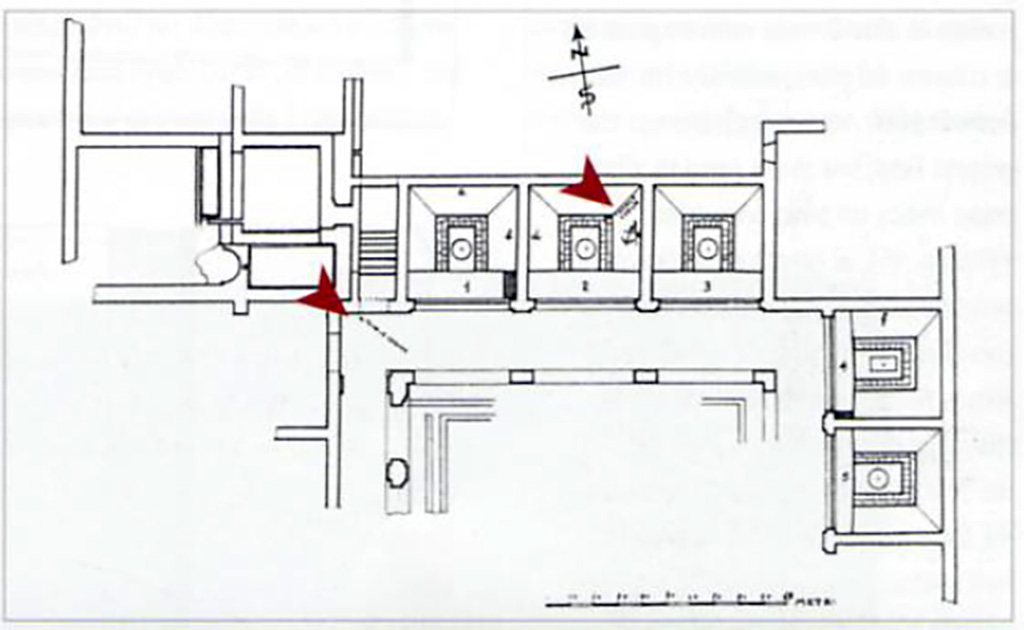 Complesso dei triclini in località Moregine a Pompei. 2008. Plan of find locations of the tablets.
The arrows indicate the place where the waxed tablets were found in Triclinium B and the northwest corner of the peristyle.
Most of the set of waxed tablets were found on the triclinium bed in room B and, to a lesser extent (only 4 or 5 tablets) in the north-west corner of the adjoining portico.
In addition, the anchor symbol shows where a large iron anchor, part of the stern planking of a boat and numerous oars were also collected in the same triclinium.
See Mastroroberto, M., Stefani, G. 2008. Uno alla Volta: la tavoletta cerata. Antiquarium di Boscoreale 25 marzo - 20 settembre 2008, p. 5.