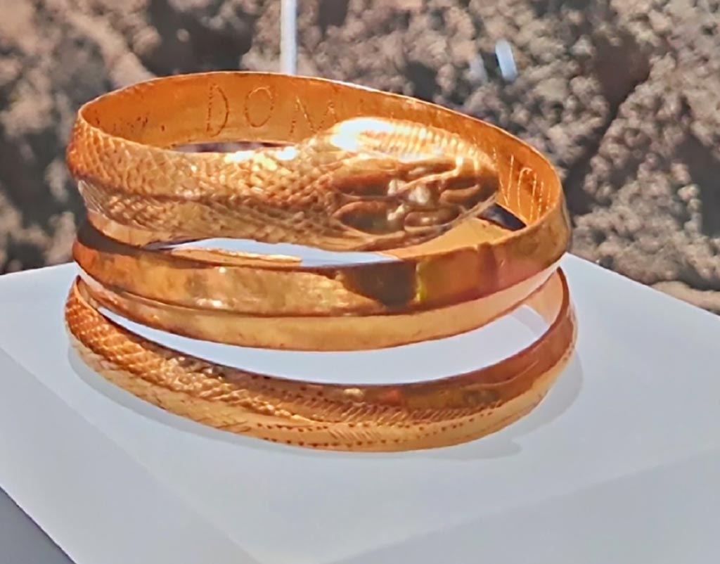 L’edificio B di Murecine a Pompei. March 2024. Unit D, room 8, gold and glass paste bracelet in the form of a snake.
The bracelet has an inscription DOMINUS ANCILLAE SUAE (master to his slave girl. PAP inventory number 81580
Photo courtesy of Giuseppe Ciaramella.
On display in exhibition in the Palaestra entitled – “L’altra Pompei, vite comuni all’ombra del Vesuvio”.
