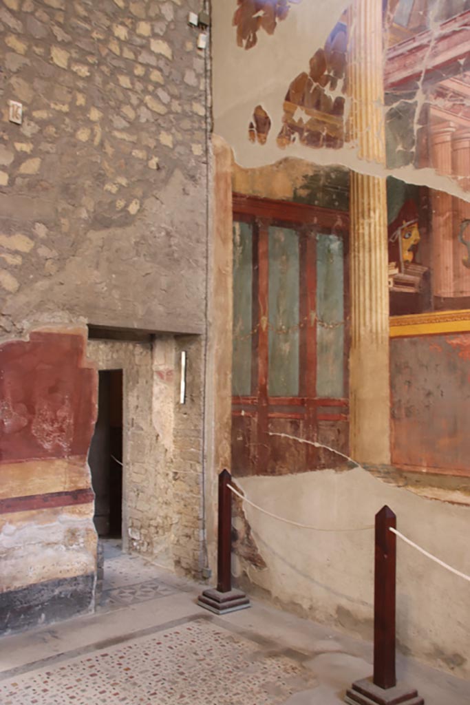 Oplontis Villa of Poppea, October 2022.
Room 15, north-east corner with doorway to room 16, in north wall. Photo courtesy of Klaus Heese.
