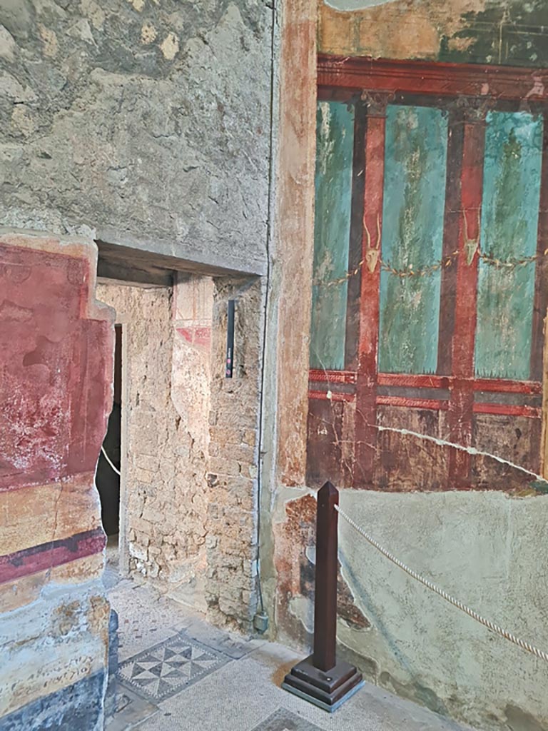 Oplontis Villa of Poppea, October 2023.
Room 15, north-east corner with doorway to room 16, in north wall. Photo courtesy of Giuseppe Ciaramella.
