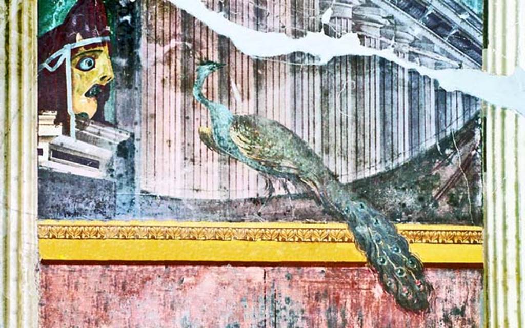 Oplontis, Villa of Poppea, October 2001. Room 15, detail of tragic mask and peacock, from north end of east wall. Photo courtesy of Peter Woods
