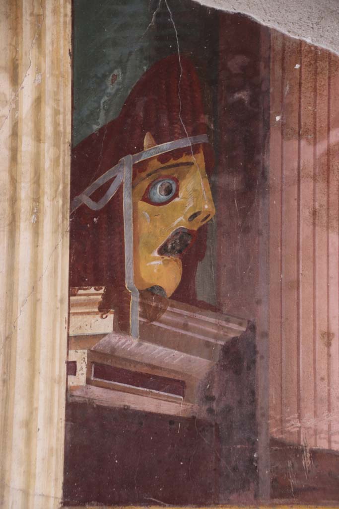 Oplontis Villa of Poppea, September 2021.
Room 15, detail of tragic mask from north end of east wall. Photo courtesy of Klaus Heese.