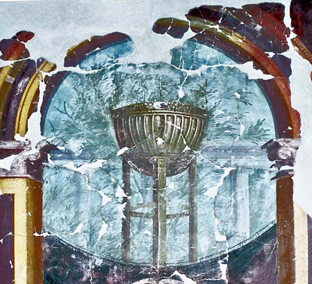 Oplontis, Villa of Poppea, October 2001. Room 15, east wall, detail of painting of the Delphic tripod. Photo courtesy of Peter Woods