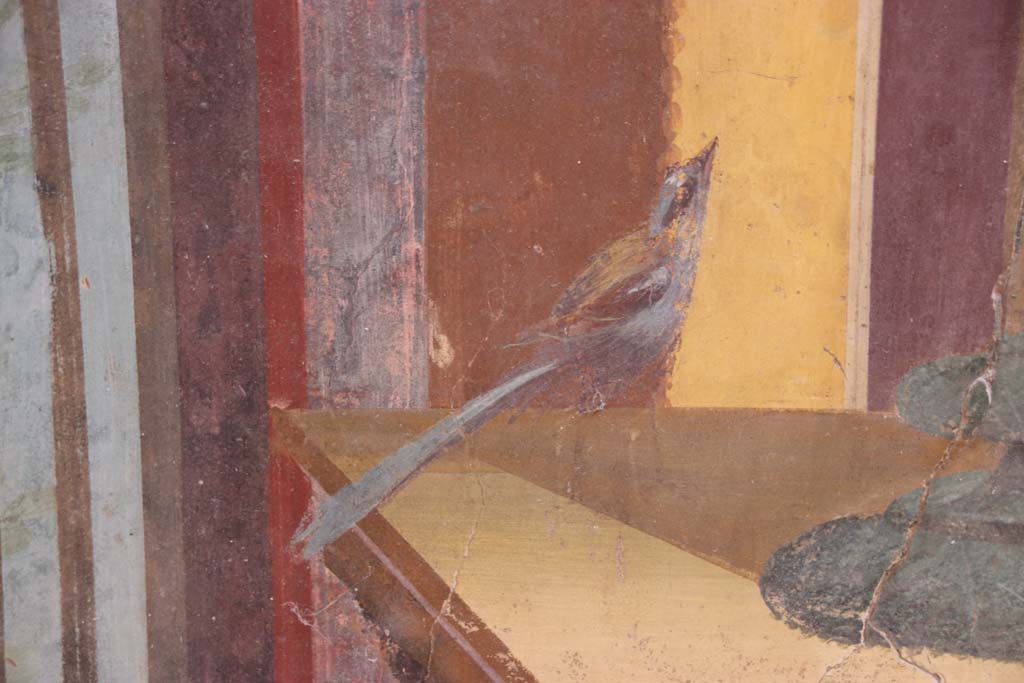 Oplontis Villa of Poppea, September 2021.
Room 15, painted bird from south side of the Delphic tripod on east wall. Photo courtesy of Klaus Heese.