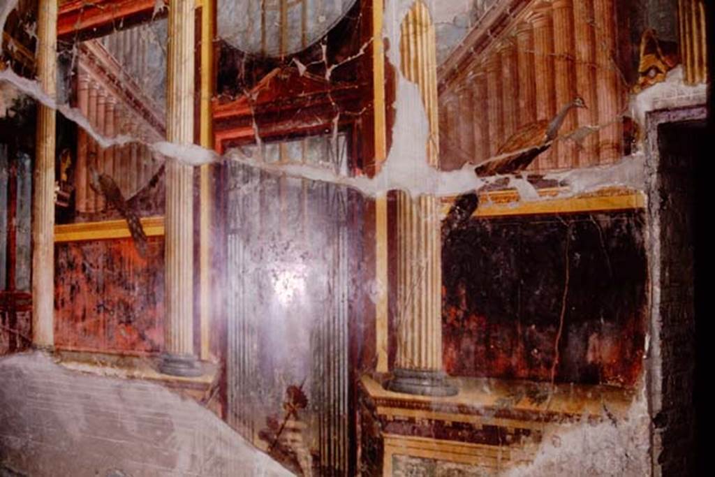Oplontis Villa of Poppea, 1974. Room 15, detail of painted lower east wall in oecus.
Photo by Stanley A. Jashemski.
Source: The Wilhelmina and Stanley A. Jashemski archive in the University of Maryland Library, Special Collections (See collection page) and made available under the Creative Commons Attribution-Non Commercial License v.4. See Licence and use details. J74f0669
In the centre is an Apollonian torch, at the side is a bucranium and above is a Delphic tripod resting on a podium, all attributes of Apollo designed to show the divinity of Apollo and show the way through the gates on either side in an artistic portrayal of a sanctuary of Apollo.