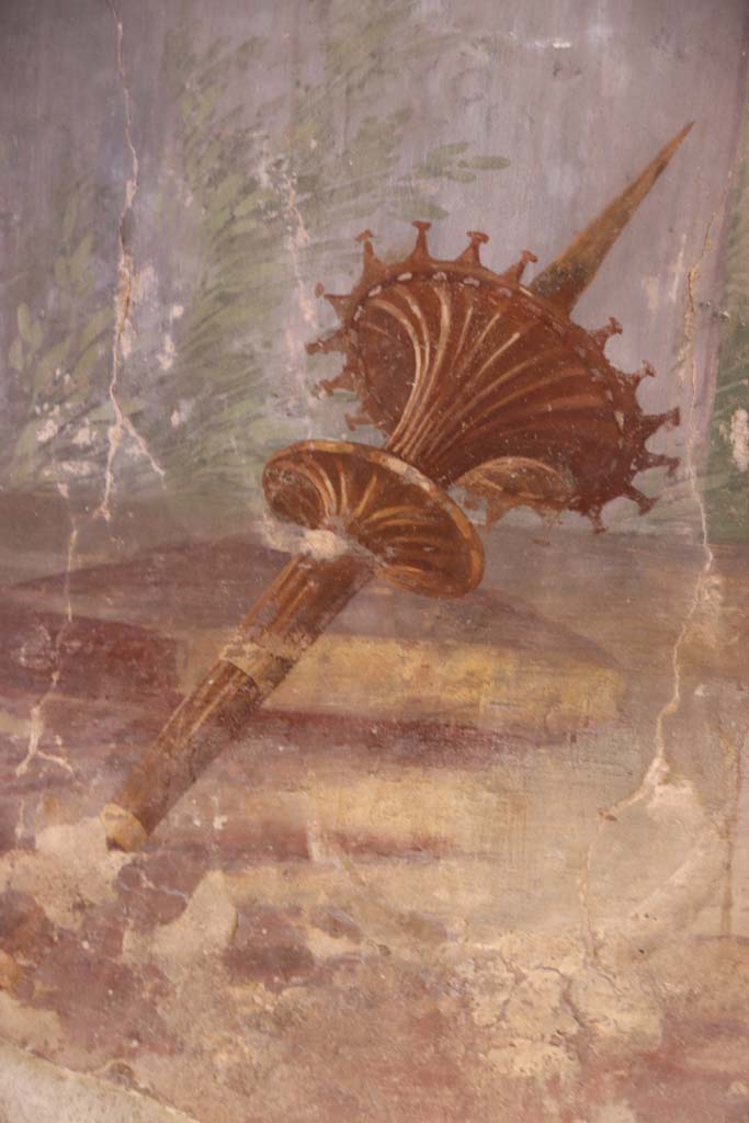 Oplontis Villa of Poppea, September 2021.
Room 15, detail of Apollonian torch from east wall. Photo courtesy of Klaus Heese.