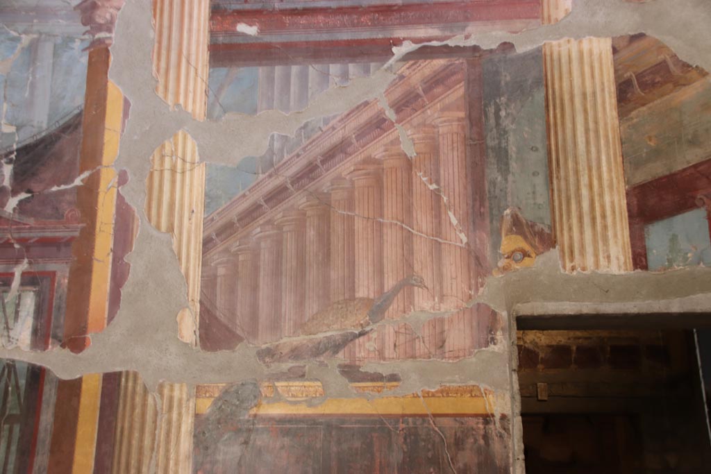 Oplontis Villa of Poppea, October 2022.
Room 15, painted peacock and tragic mask, from south end of east wall. Photo courtesy of Klaus Heese.