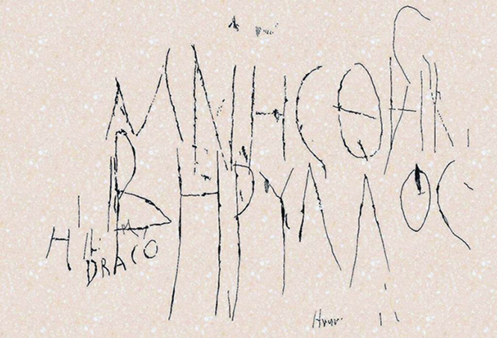 Oplontis, Corridor 52, west wall. Drawing of Graffito MNHΣΘHI BHPYΛΛOΣ (remember Beryllos) and graffito DRACO.
Photo courtesy of Aniello Langella.
See BERILLO DI OPLONTI di Aniello Langella, Vincenzo Marasco, Armando Polito sul vesuvioweb.com