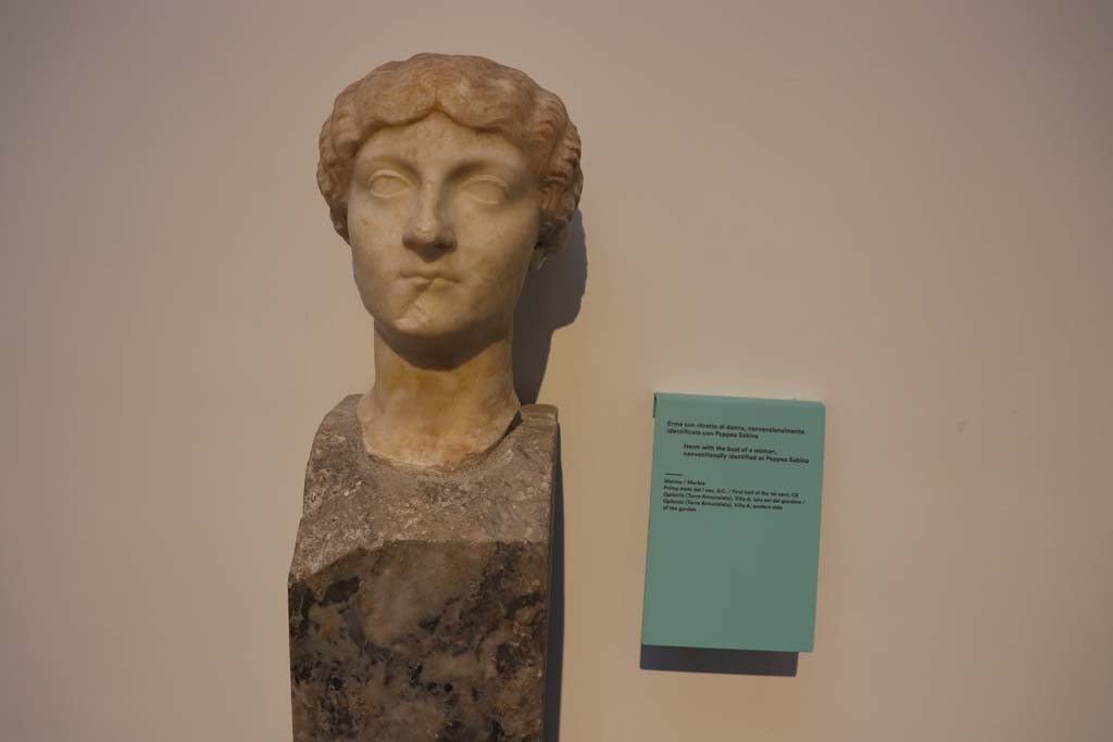 Oplontis Villa of Poppea, February 2021.
Marble herm with the head of a woman, according to description card conventionally identified as Poppea Sabina,
found on eastern side of the north garden, in Villa A, at Oplontis.
Photo courtesy of Fabien Bièvre-Perrin (CC BY-NC-SA).