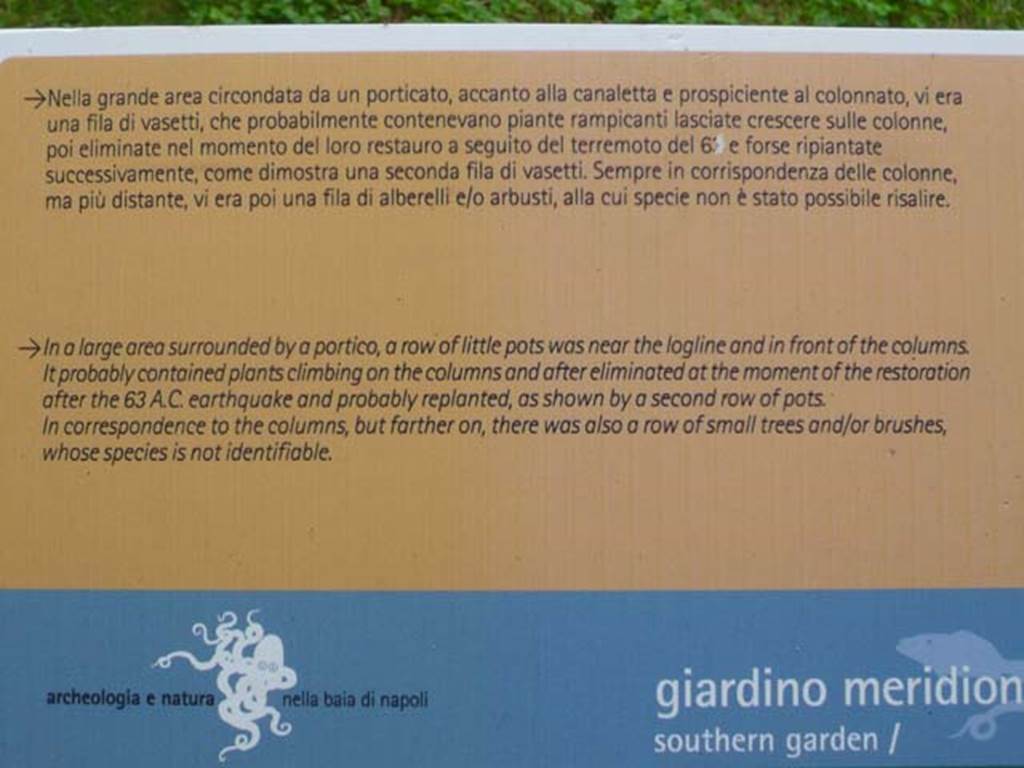 Oplontis, May 2010. Notice-board describing the plantings in the south-east peristyle. See also Jashemski excavations, 1978. Photo courtesy of Buzz Ferebee.