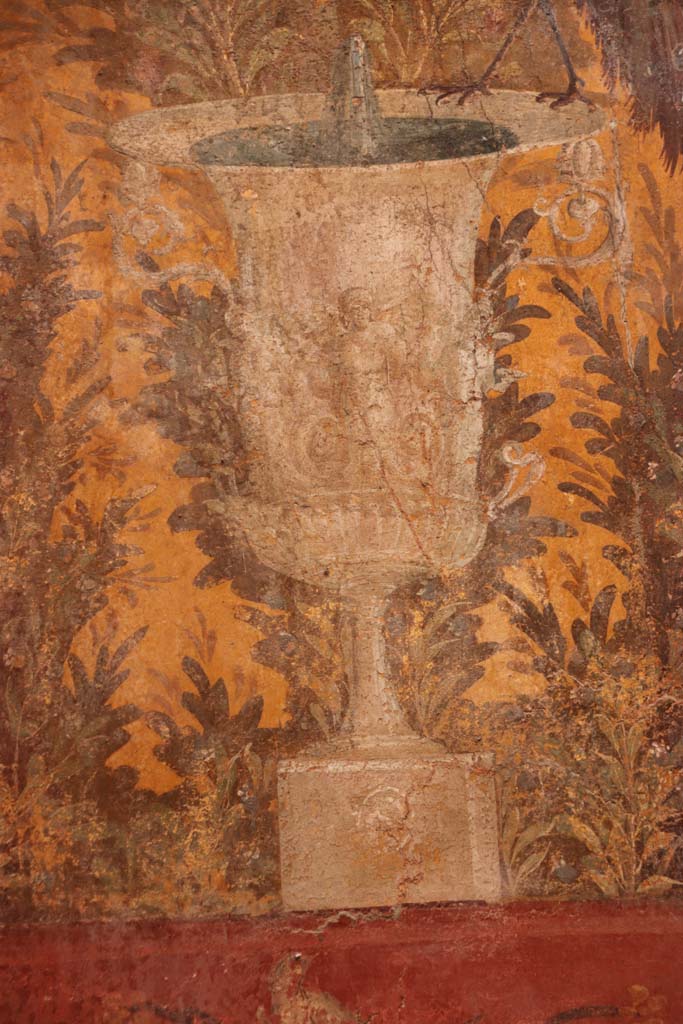 Oplontis Villa of Poppea, October 2020. 
Room 70, detail of fountain in urn on north wall in north-west corner. Photo courtesy of Klaus Heese.
