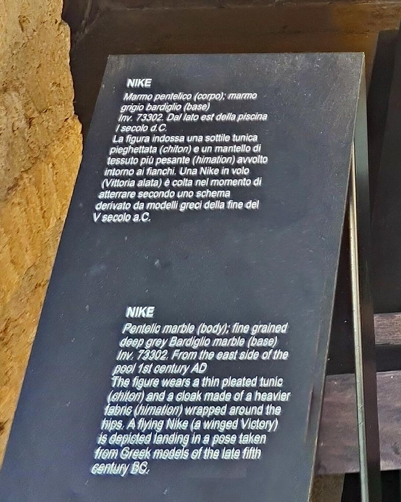 Oplontis Villa of Poppea, October 2023.
Area 92/96, information card for marble statue of Nike found in 1983. Photo courtesy of Giuseppe Ciaramella.