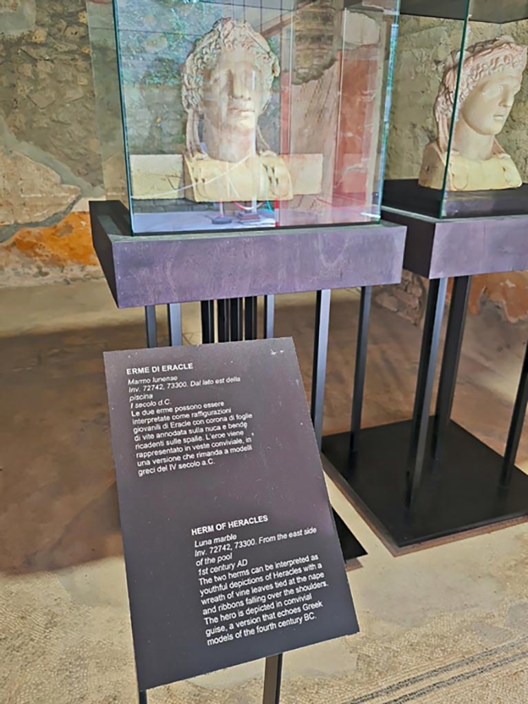 Oplontis Villa of Poppea, October 2023.
Area 92/96, two marble herms of Hercules with description card, on display in Room 25.
Photo courtesy of Giuseppe Ciaramella.