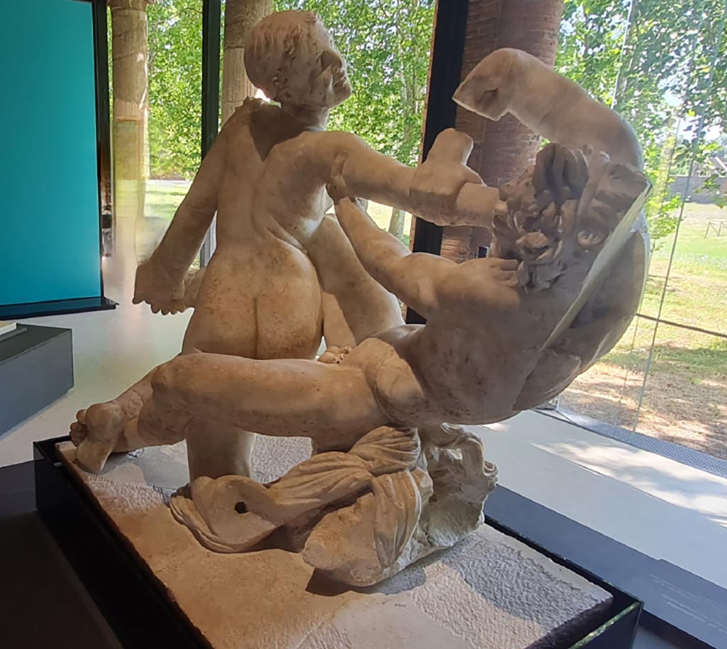 Oplontis Villa of Poppea, April 2022.
Statuette of hermaphrodite and a faun, on display at II.7.9, the Palaestra in Pompeii. Photo courtesy of Giuseppe Ciaramella.