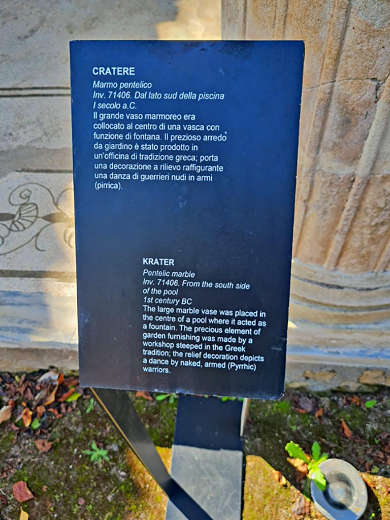 Oplontis Villa of Poppea, October 2023.
Terrace 92, description card for large vase (Cratere). Photo courtesy of Giuseppe Ciaramella.