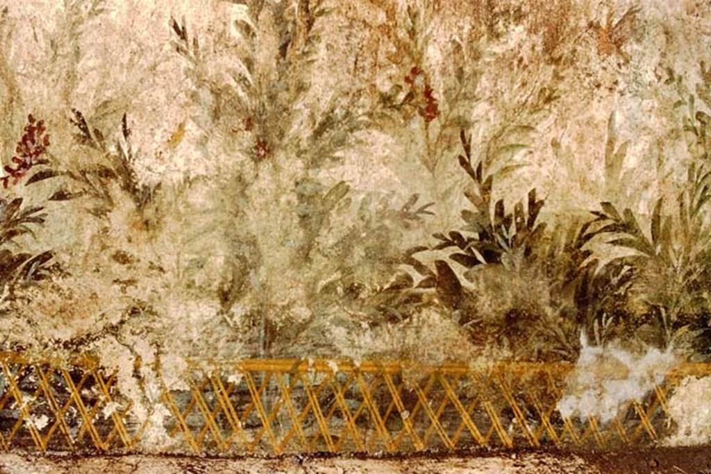 Oplontis, 1983 or 1984. Detail from painting with flowering shrubs and birds seen behind a lattice fence
Source: The Wilhelmina and Stanley A. Jashemski archive in the University of Maryland Library, Special Collections (See collection page) and made available under the Creative Commons Attribution-Non Commercial License v.4. See Licence and use details. Oplo0073