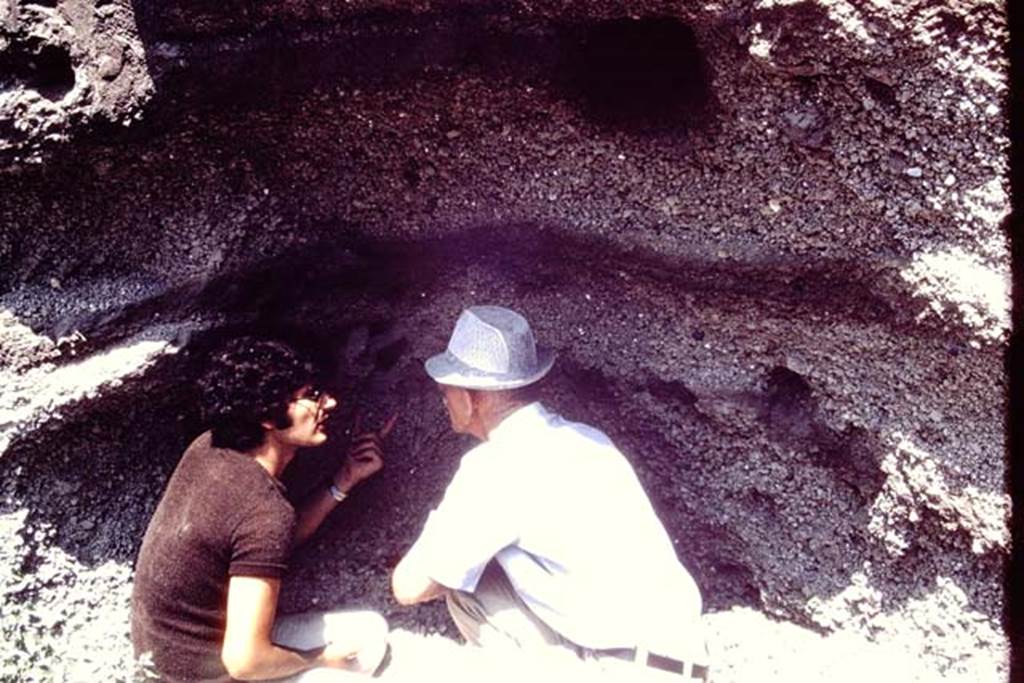 Oplontis, 1973. Discussions on the lapilli. Photo by Stanley A. Jashemski. 
Source: The Wilhelmina and Stanley A. Jashemski archive in the University of Maryland Library, Special Collections (See collection page) and made available under the Creative Commons Attribution-Non Commercial License v.4. See Licence and use details. J73f0376
