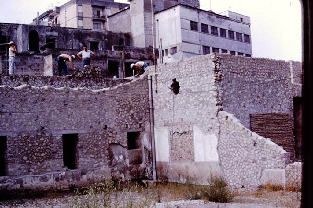 Oplontis, 1976. Area 56, south-west corner of north garden, after rebuilding of south wall. Photo by Stanley A. Jashemski.   
Source: The Wilhelmina and Stanley A. Jashemski archive in the University of  Maryland Library, Special Collections (See collection page) and made available under the Creative Commons Attribution-Non Commercial License v.4. See Licence and use details. J76f0384
