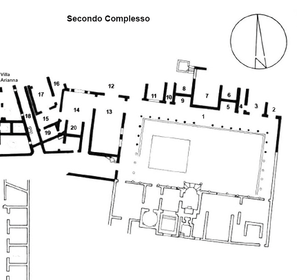 Stabiae, Secondo Complesso, Villa Arianna B. Plan adapted from Kockel 1985.
See Kockel V., 1985. Funde und Forschungen in den Vesuvstadten 1: Archäologischer Anzeiger, Heft 3. 1985, Abb. 13. This differs from our plan in the area of rooms 20 and 21. 20 here is our room 21 and the unnumbered room between 19 and 21 is our room 20.