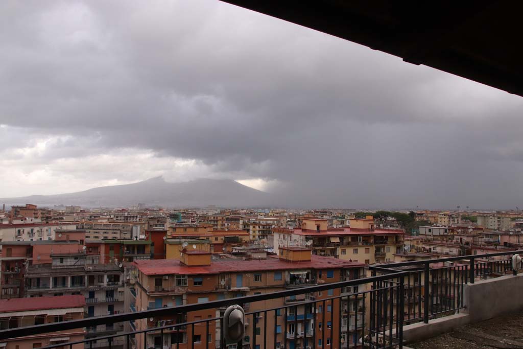 Stabiae, Villa Arianna, October 2020. Looking towards Vesuvius, across Castellamare di Stabia, from terrace at north side of rooms 1, 2 and 3.
Photo courtesy of Klaus Heese.