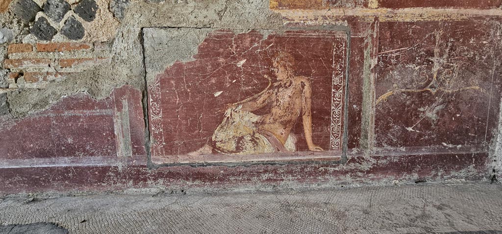 Stabiae, Villa Arianna, December 2023.
Room 2, looking towards the zoccolo of the lower east wall in the south-east corner. Photo courtesy of Miriam Colomer.