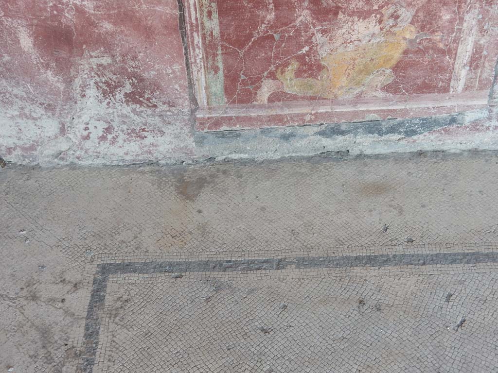 Stabiae, Villa Arianna, June 2019. Room 2, detail of painted panel on south wall and mosaic flooring,
Photo courtesy of Buzz Ferebee.