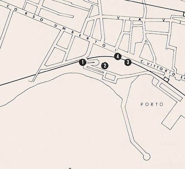 Villa CB141. Torre Annunziata, Location plan.
1: The Baths of Marco Crasso Frugi.
2: Villa 89.
3: Villa 54 The Villa of C. Siculius.
4: Villa CB141 Remains uncovered in 1940 and reburied without further investigation (Casale Bianco 141).