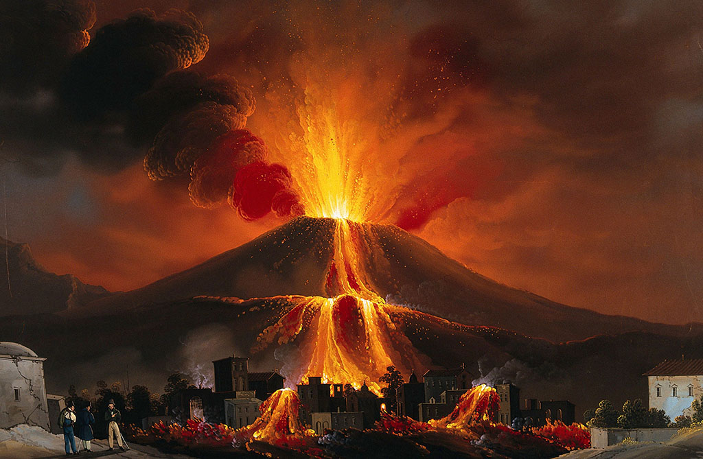 Vesuvius Eruption 1834. Eruption of Mount Vesuvius; lava covering dwellings. 
Gouache painting “Eruz. de 30 Agosto 1834 da Bosco Reale” by Mauton, 1834.
Wellcome Collection. See Wellcome Collection 575687i.
