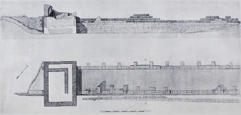 Plan and elevation of the curtain wall (south of the Palaestra).
See Notizie degli Scavi di Antichità, 1939, (p.232-238), Fig. 42.