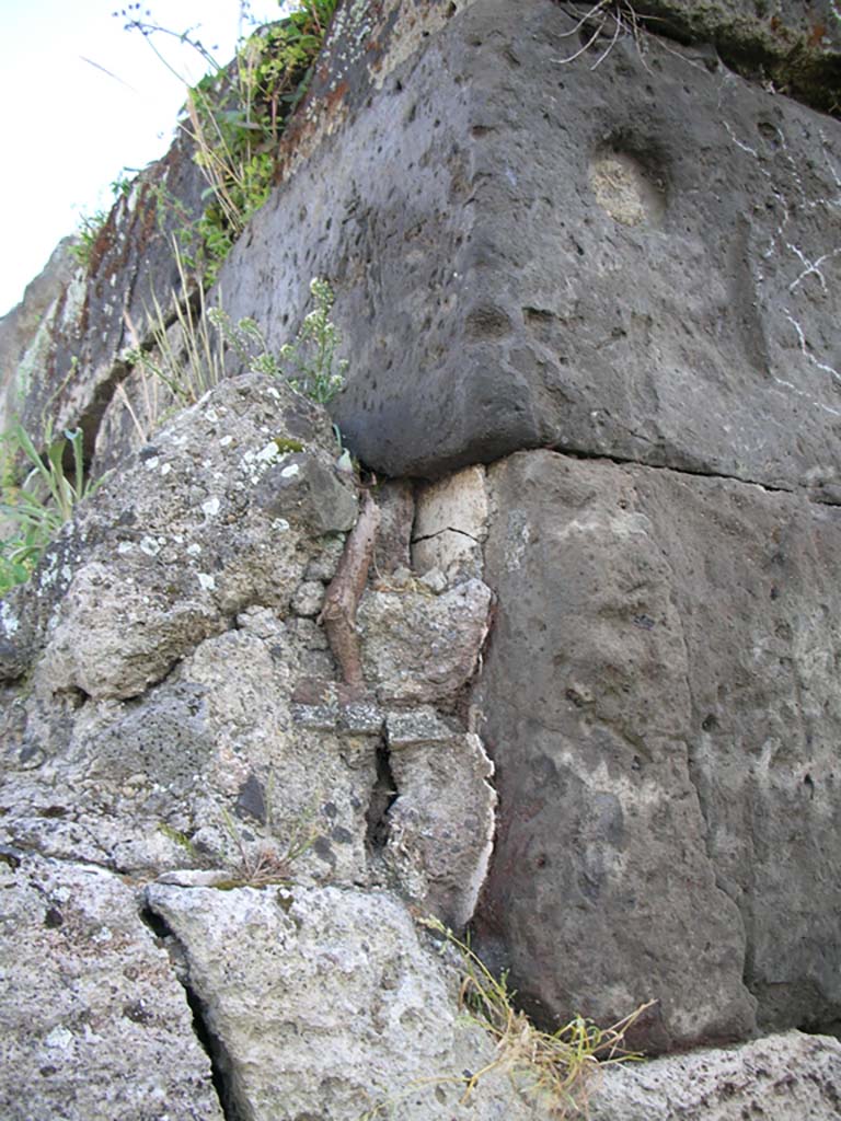 Vesuvian Gate, Pompeii. May 2010.
West of Gate at north end, with indentation caused by missile. Photo courtesy of Ivo van der Graaff.