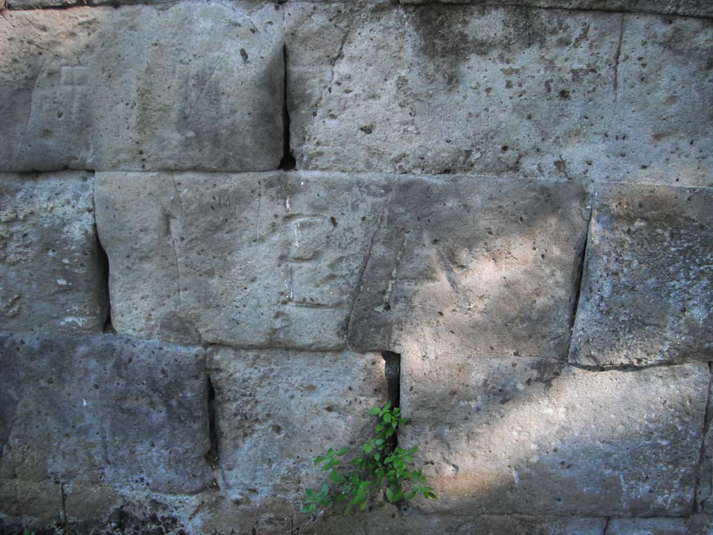City Walls, Pompeii. June 2012.
Wall blocks on north exterior wall on east side of Tower X. Photo courtesy of Ivo van der Graaff.