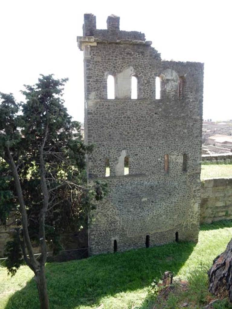 Tower X, Pompeii. May 2015. Looking south to tower and city walls from walk around walls.
Photo courtesy of Buzz Ferebee.
See Notizie degli Scavi, 1943, (p.275-294),
for article entitled “Isolation of the wall between Porta Vesuvius and Herculaneum Gate.”
(Isolamento della cinta murale fra Porta Vesuvio e Porta Ercolano).